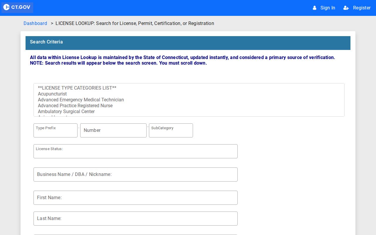 Farmington residents directory view of Connecticut eLicense credential search