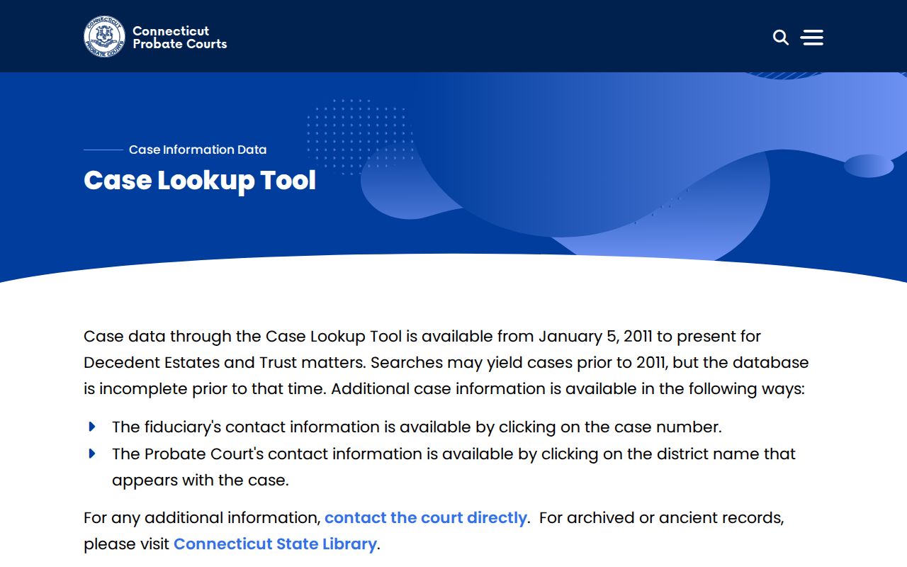 Farmington resident lookup view of Connecticut Probate case lookup