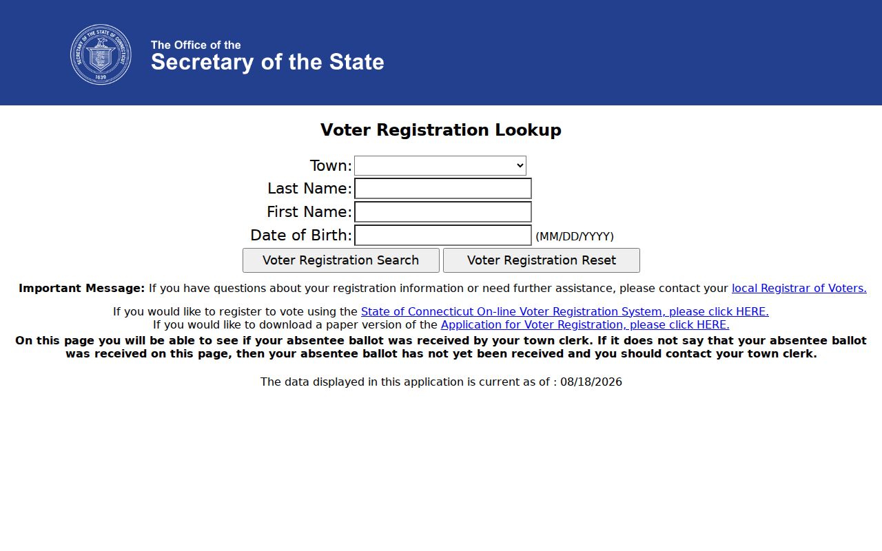 Farmington resident lookup view of the Connecticut voter lookup