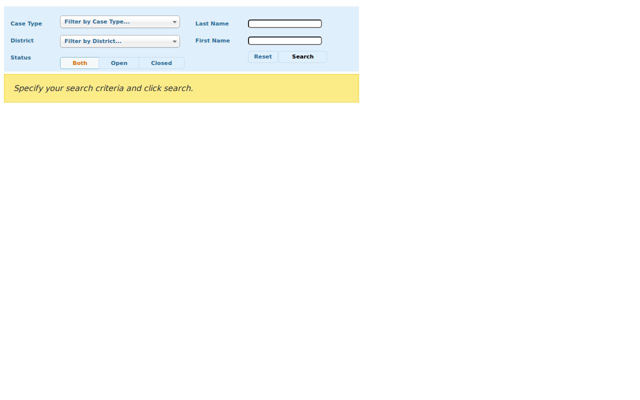 Farmington resident lookup view of the Farmington Regional Probate case lookup