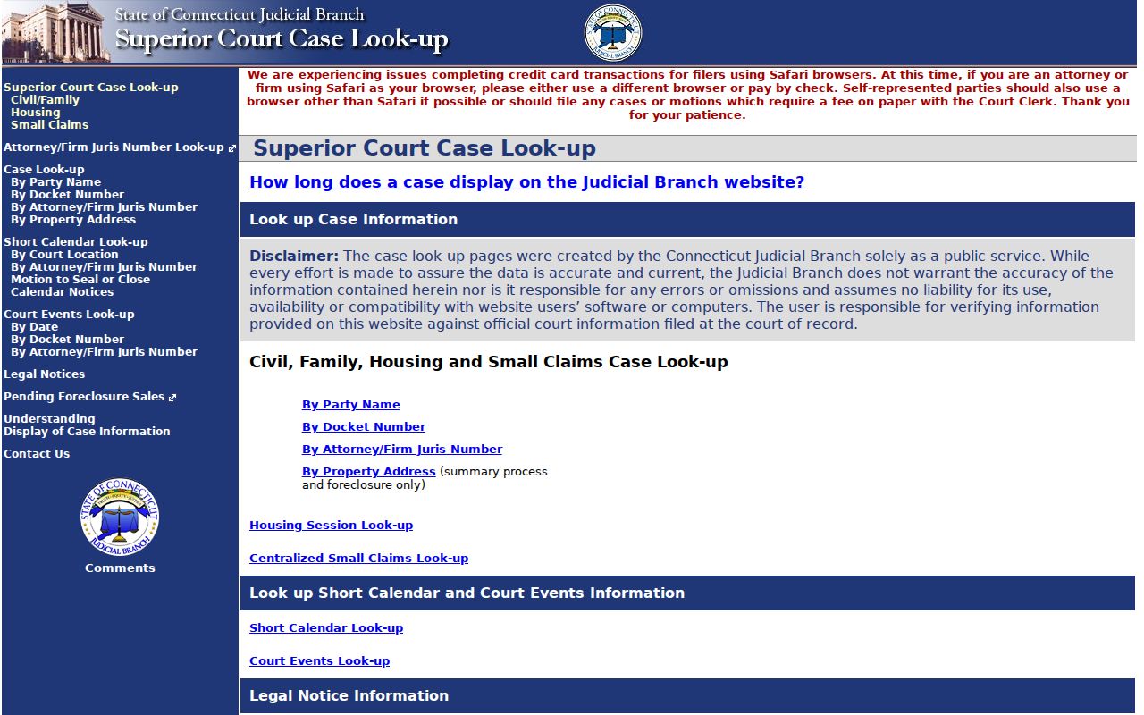 Farmington resident lookup view of the Hartford Judicial District party search