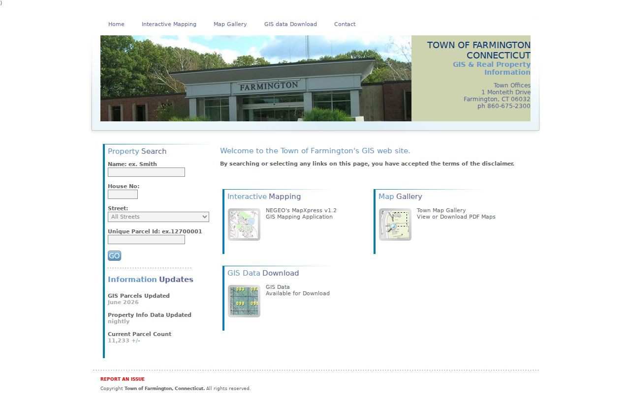 Farmington street directory view of the Farmington GIS parcel search